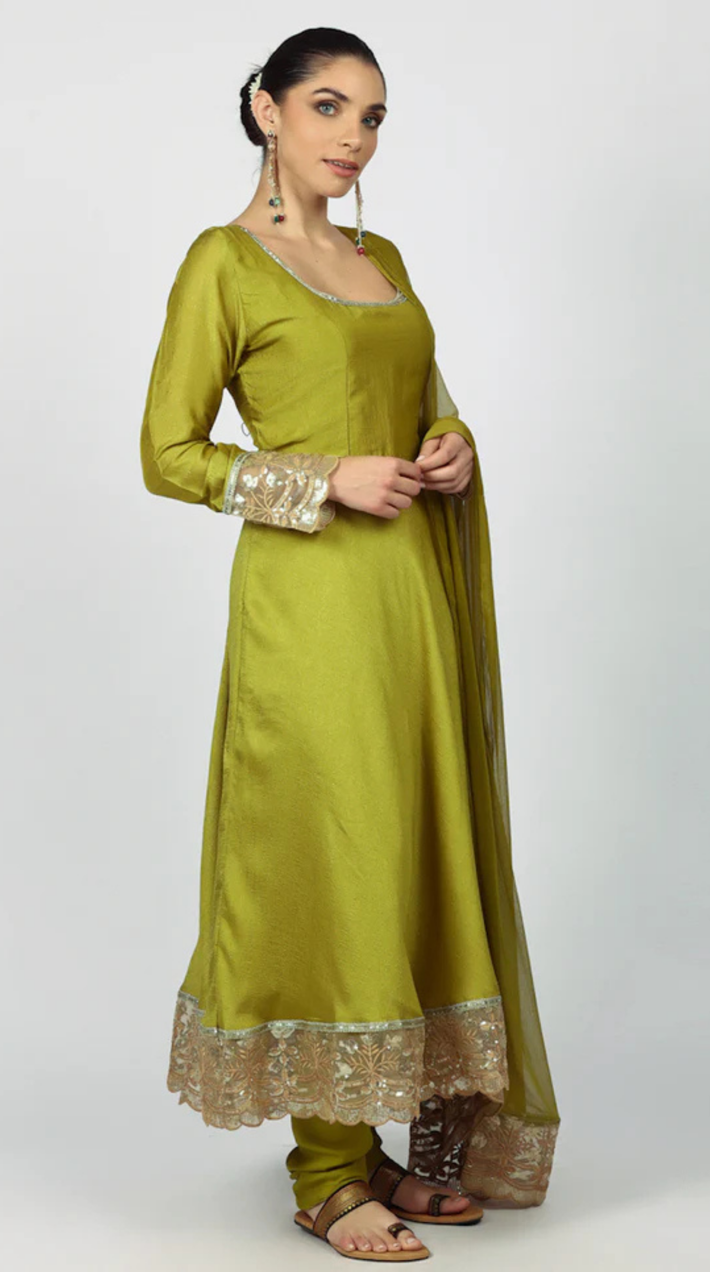Mehendi Green Georgette Vichitra Bias Cut Suit Set