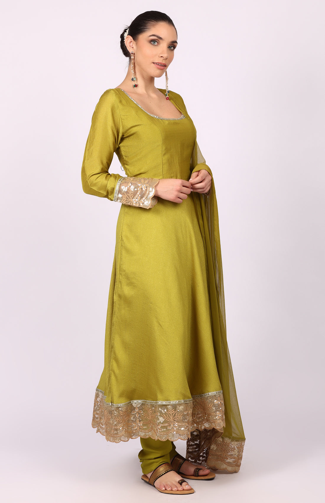 Mehendi Green Georgette Vichitra Bias Cut Suit Set