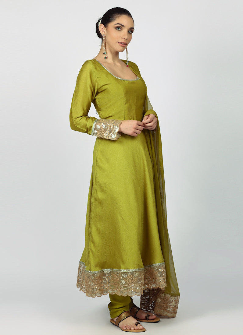 Mehendi Green Georgette Vichitra Bias Cut Suit Set