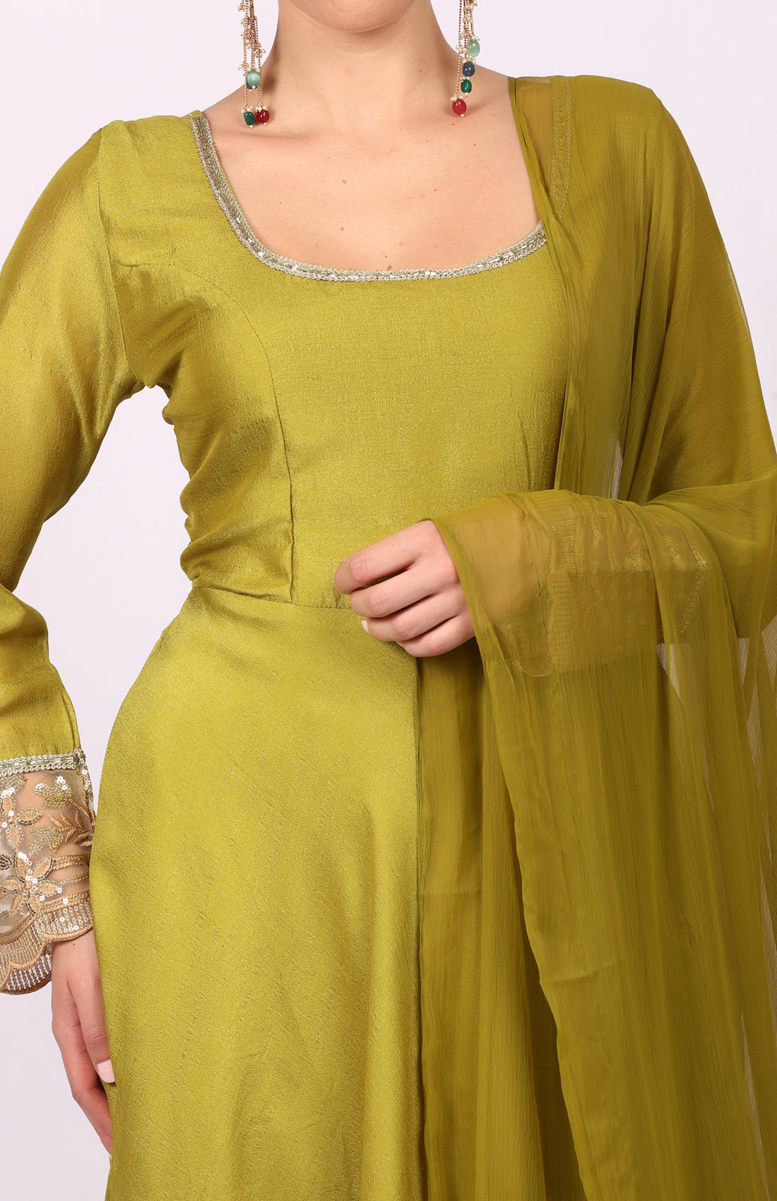 Mehendi Green Georgette Vichitra Bias Cut Suit Set