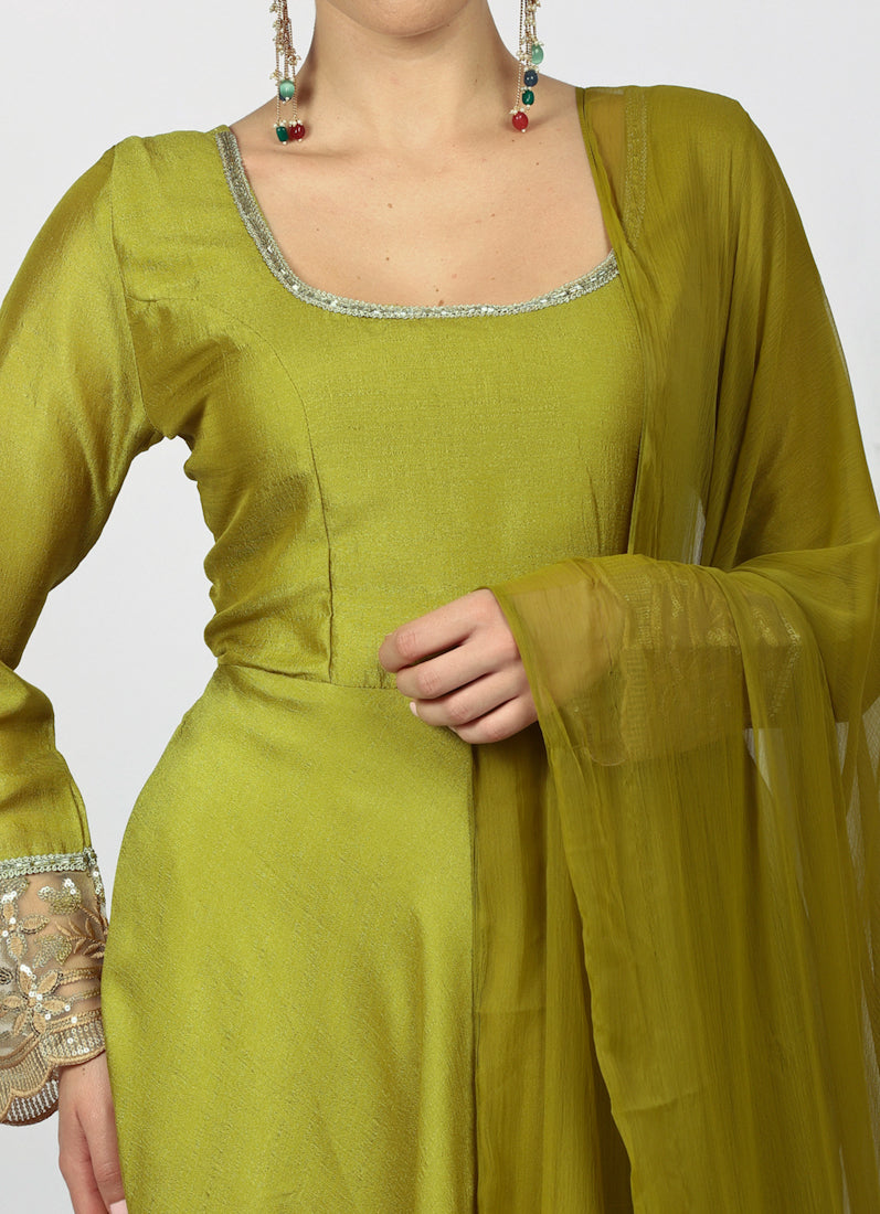 Mehendi Green Georgette Vichitra Bias Cut Suit Set