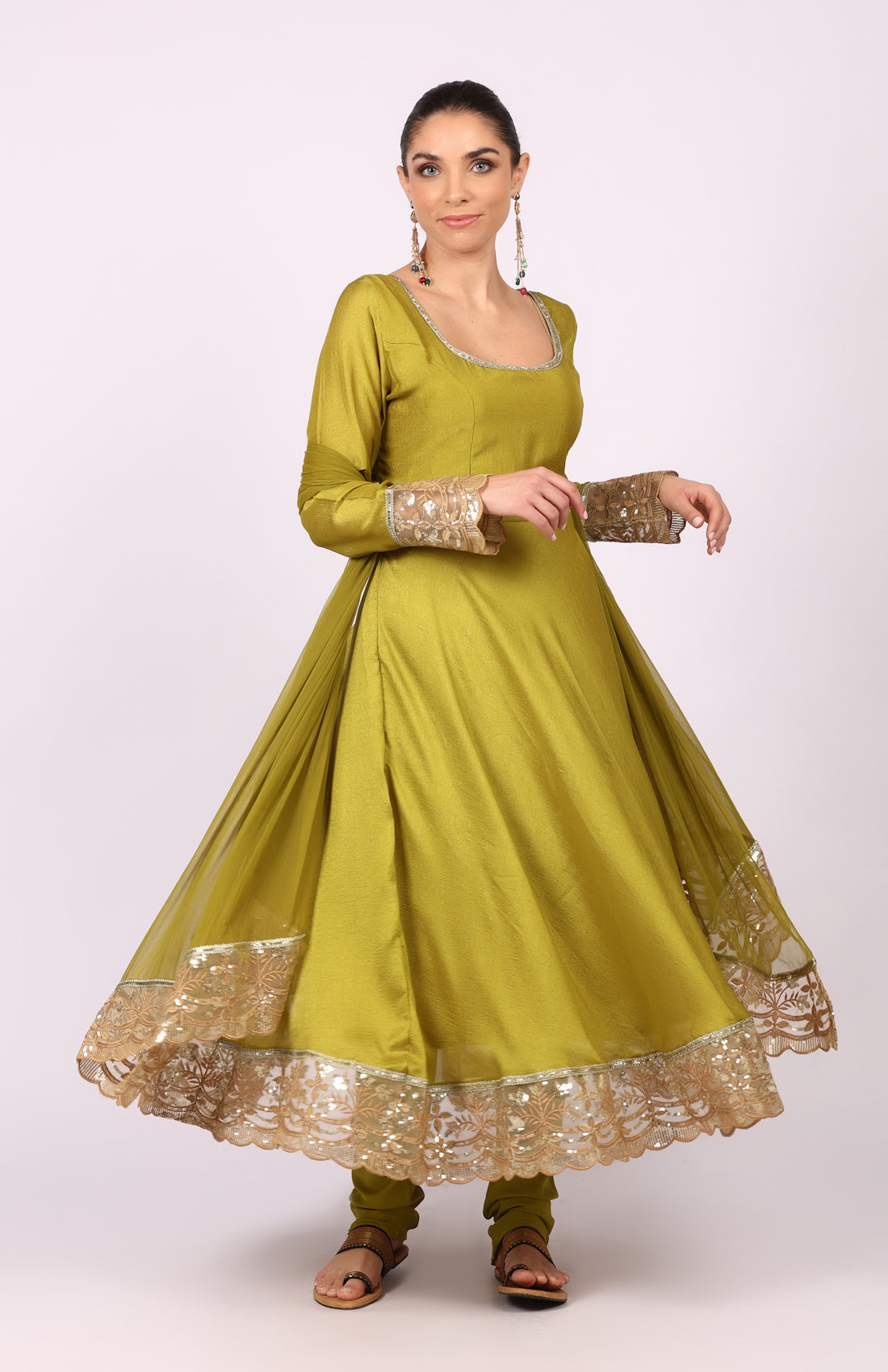 Mehendi Green Georgette Vichitra Bias Cut Suit Set