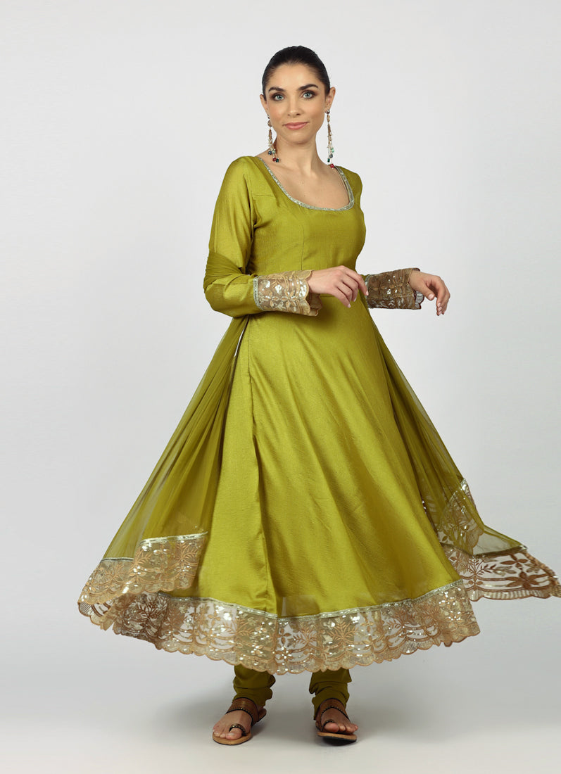 Mehendi Green Georgette Vichitra Bias Cut Suit Set