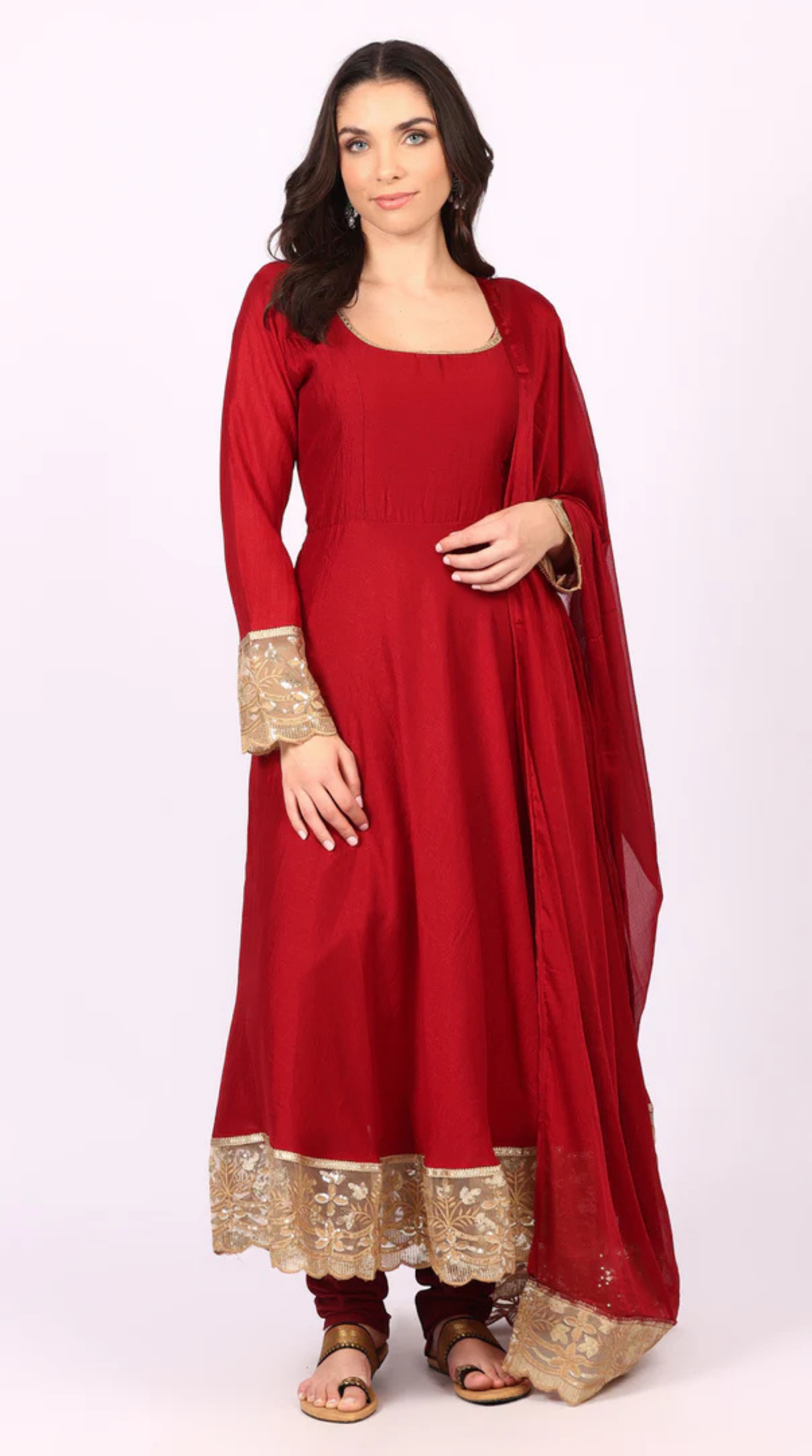 Georgette Maroon Vichitra Bias Cut Suit Set