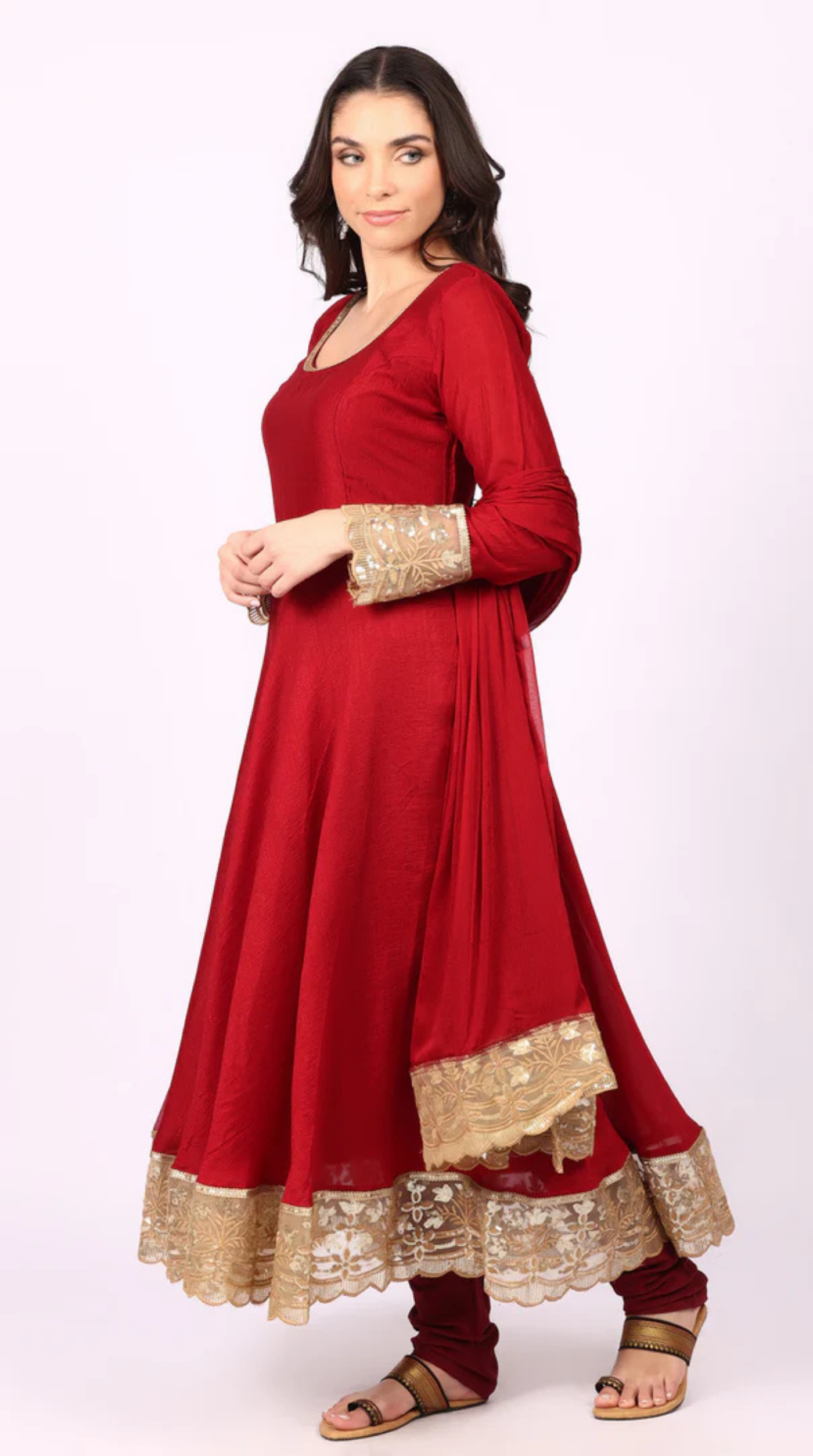 Georgette Maroon Vichitra Bias Cut Suit Set