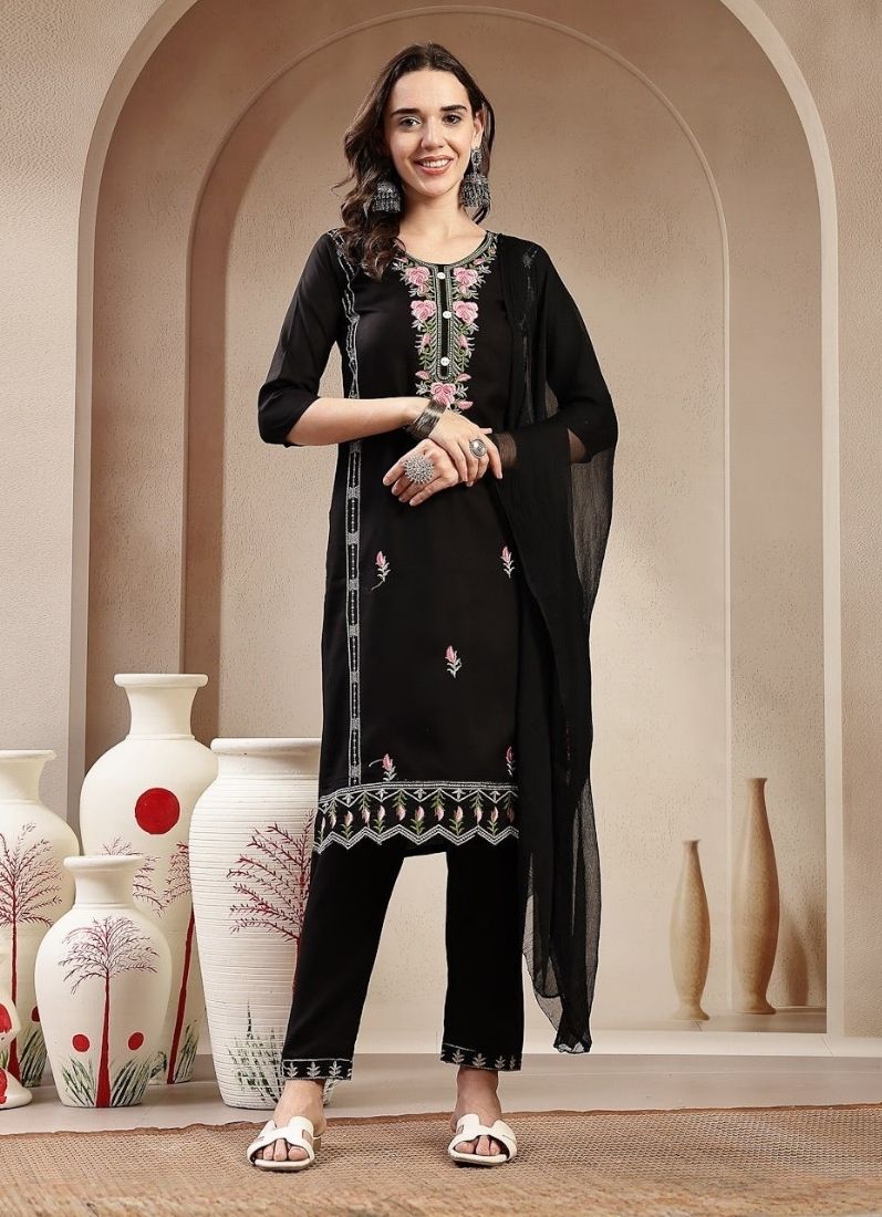 Black Rayon Embroidered Suit Set