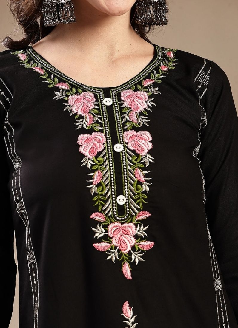 Black Rayon Embroidered Suit Set