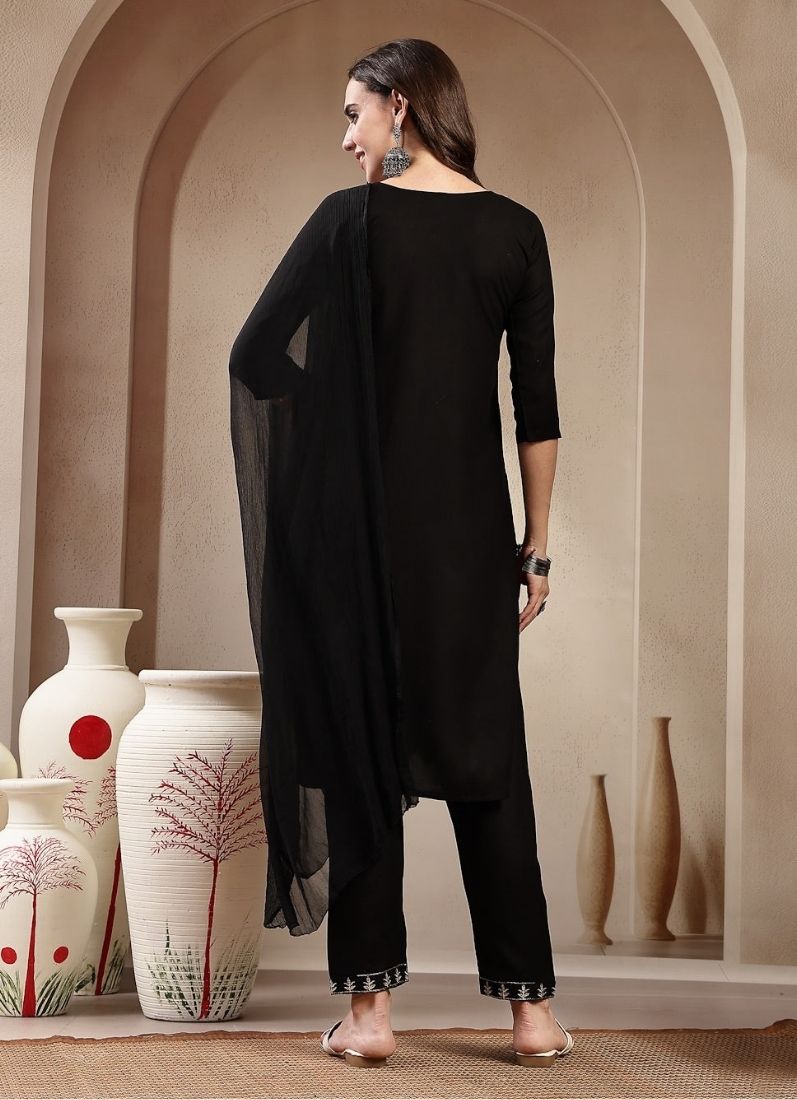 Black Rayon Embroidered Suit Set