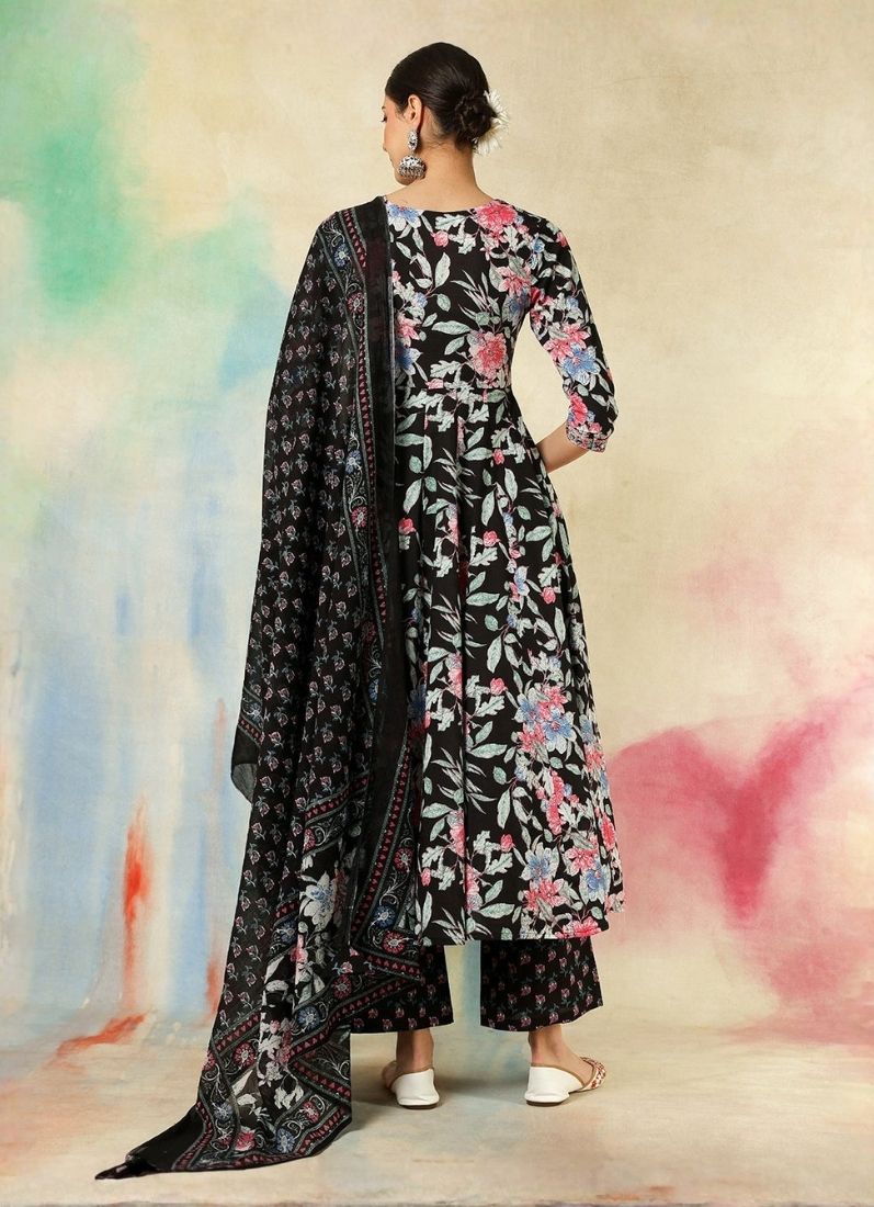 Black Printed Bias Cut Suit Set