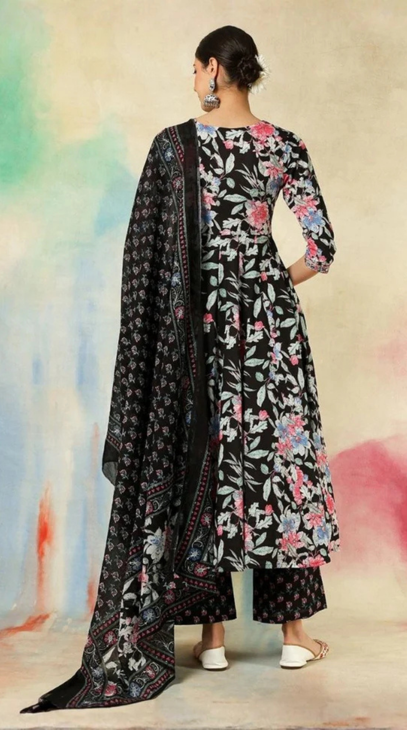 Black Printed Bias Cut Suit Set