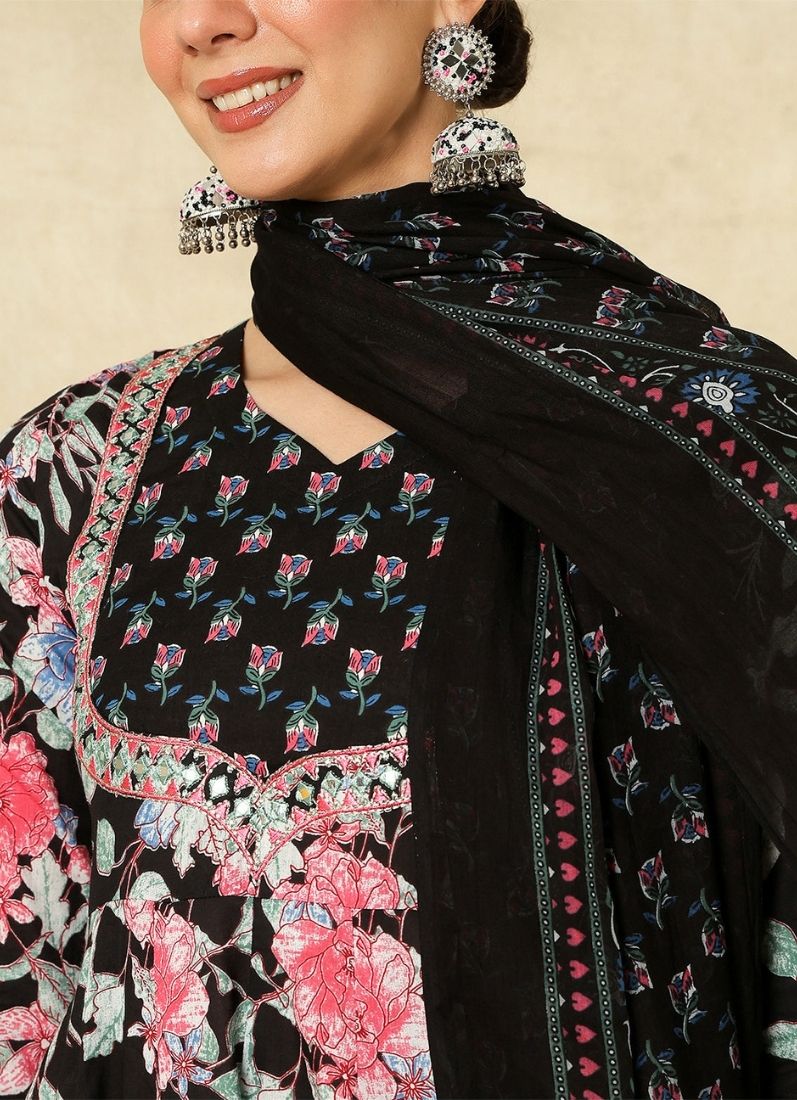 Black Printed Bias Cut Suit Set