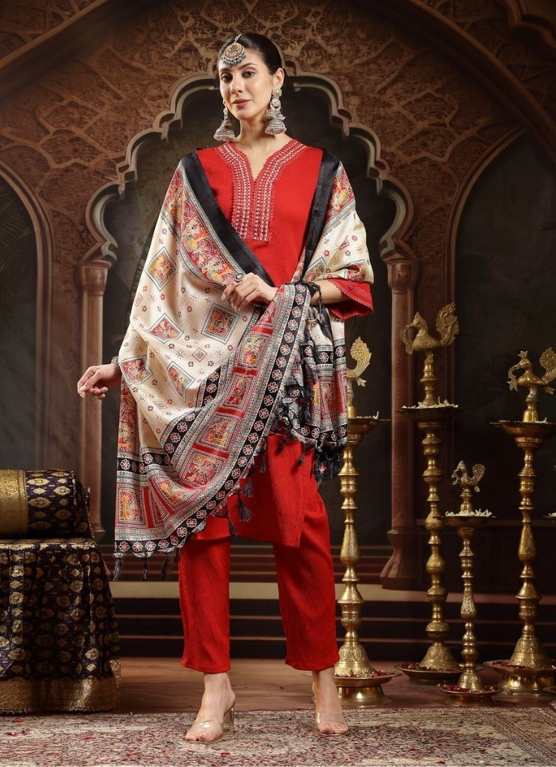 Buy Red Moss Crepe Suit Set in UK Diya Online