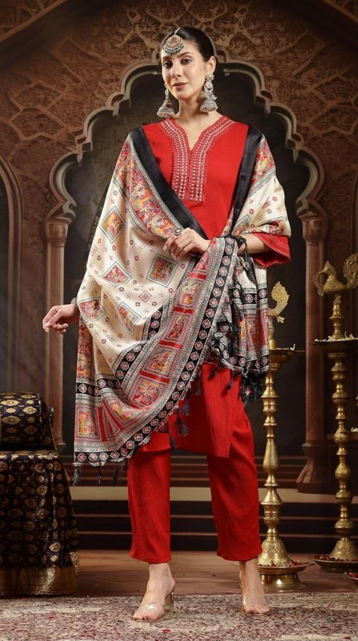 Red Moss Crepe Suit Set
