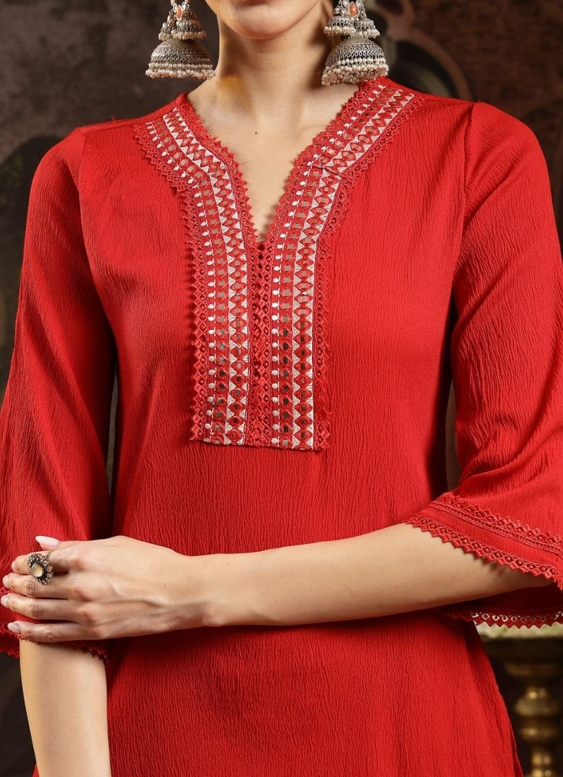 Red Moss Crepe Suit Set