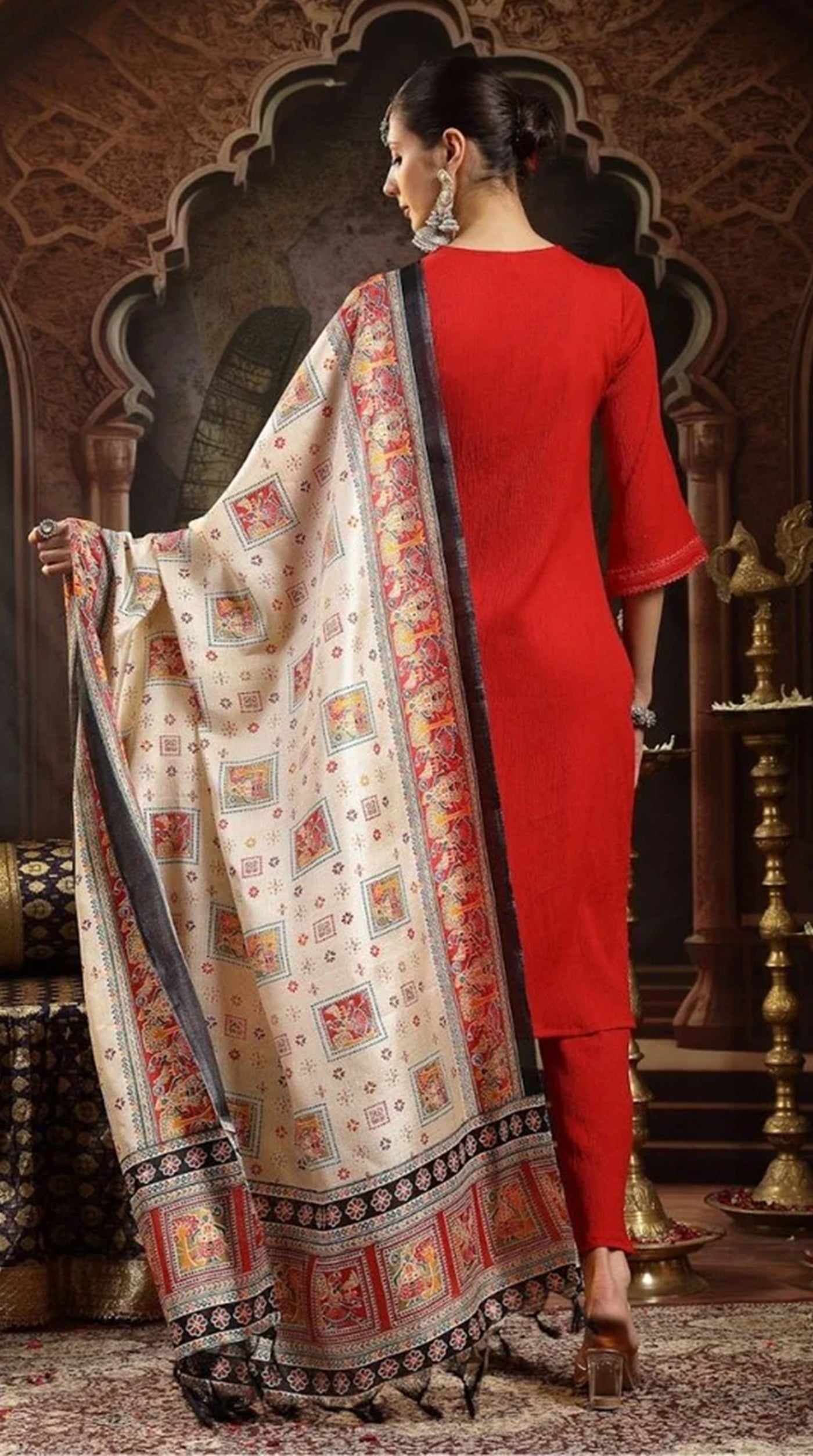 Red Moss Crepe Suit Set