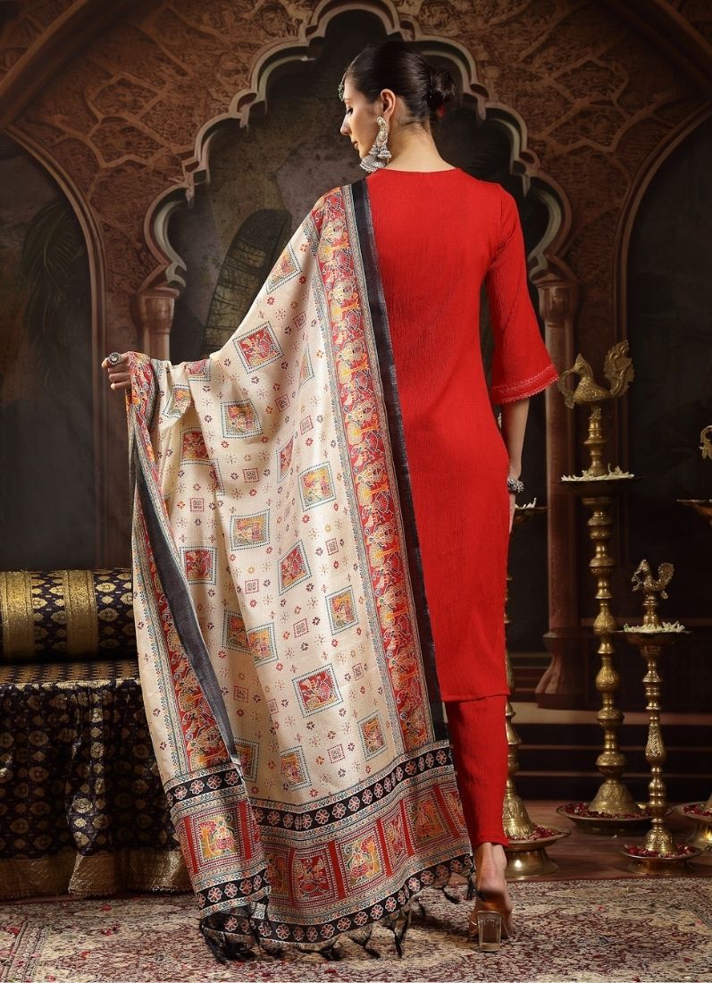 Red Moss Crepe Suit Set