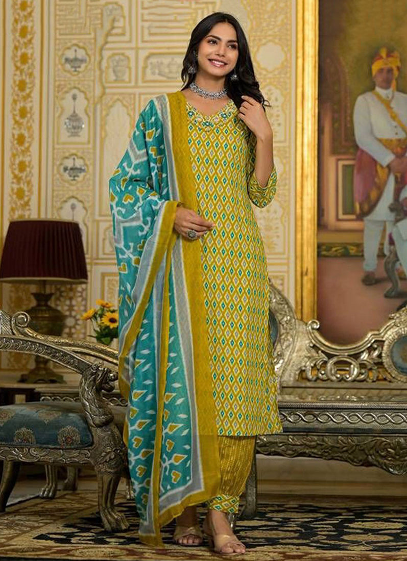 Rayon Yellow Straight Cut Suit Set