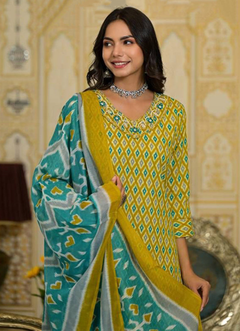 Rayon Yellow Straight Cut Suit Set