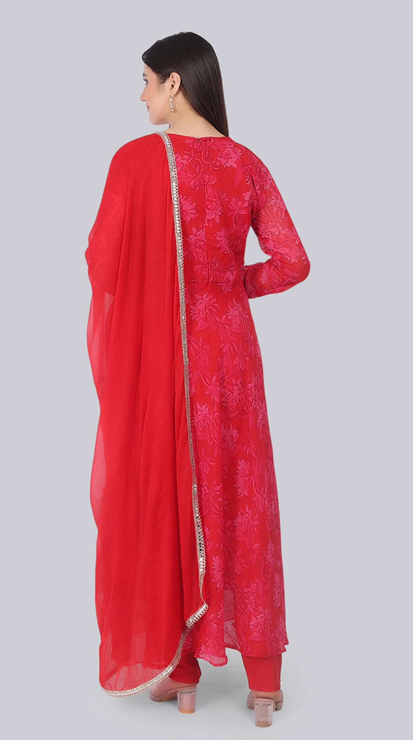 Red Georgette Bias Cut Suit Set