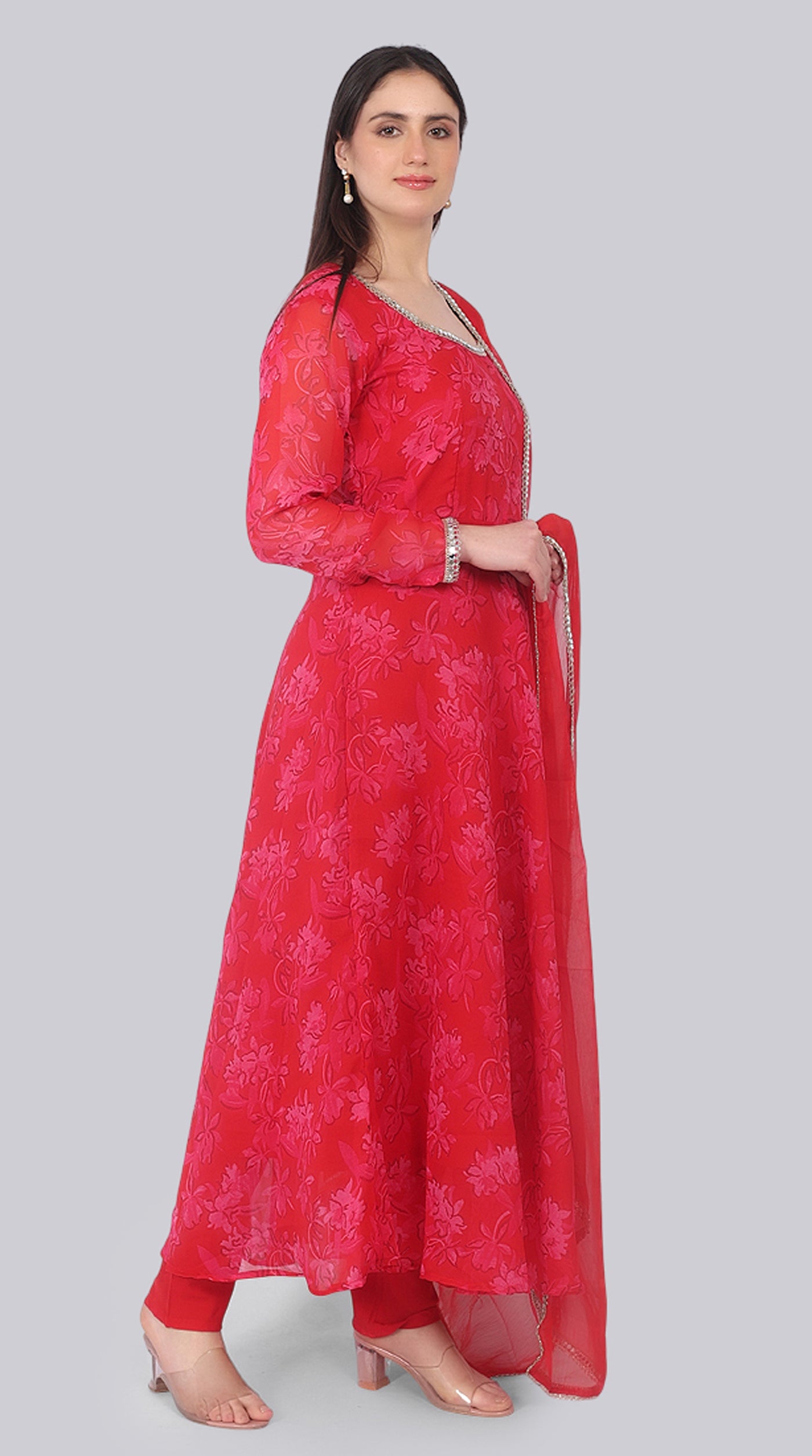 Red Georgette Bias Cut Suit Set