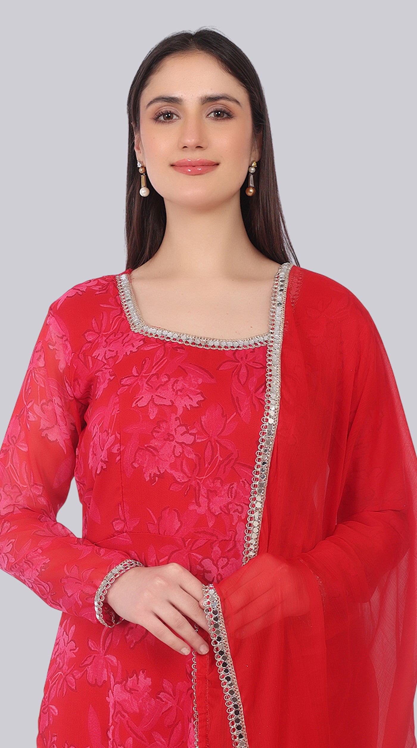 Red Georgette Bias Cut Suit Set