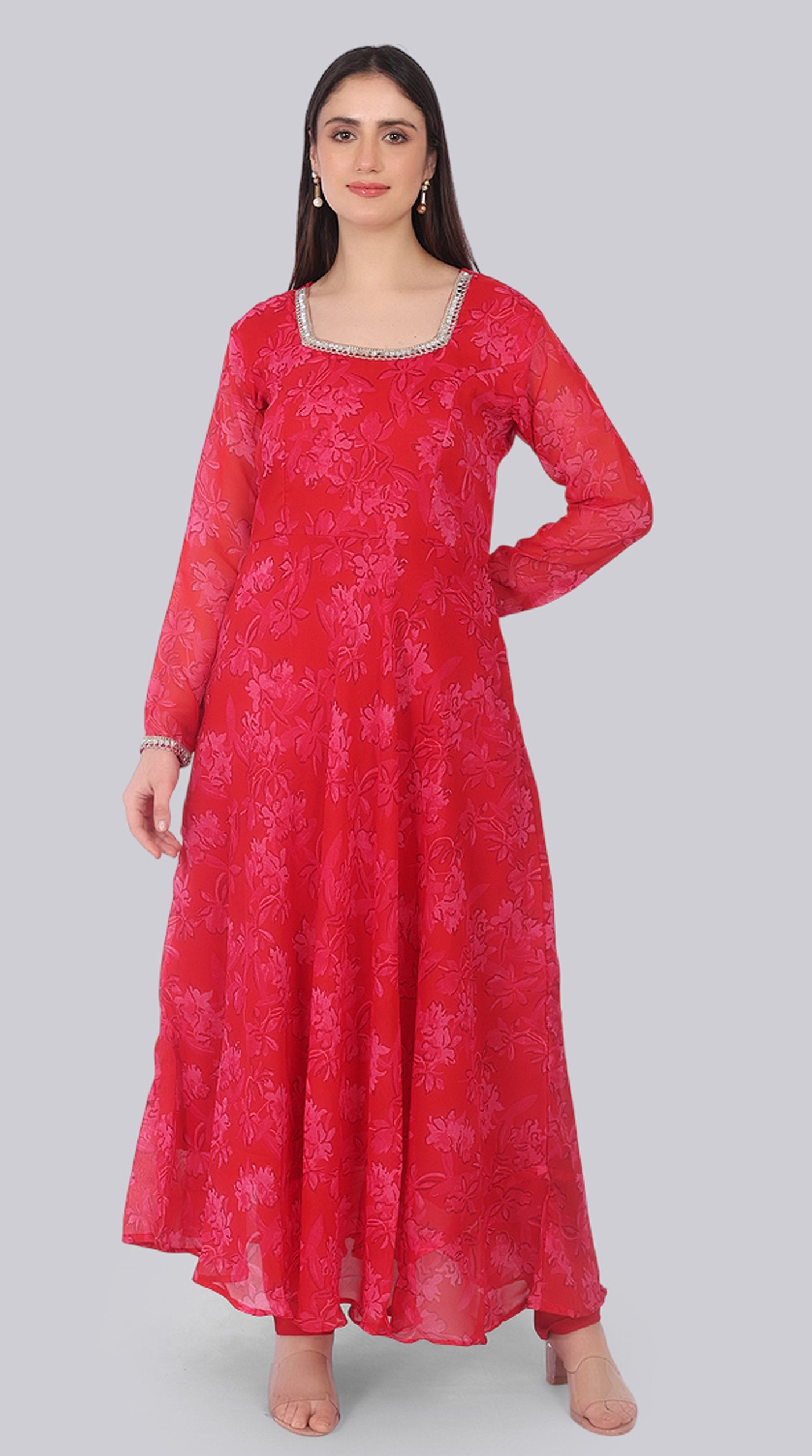 Red Georgette Bias Cut Suit Set