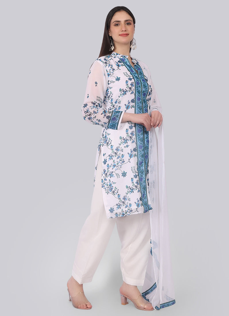 Georgette Floral Printed White Suit Set
