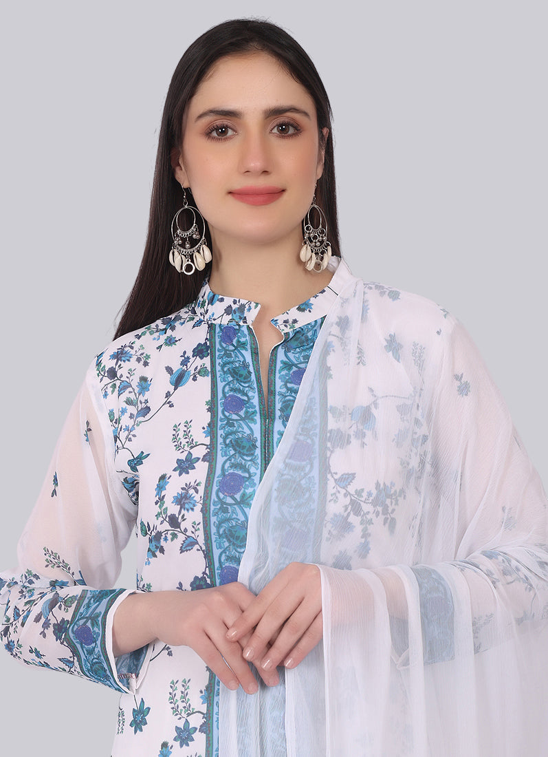 Georgette Floral Printed White Suit Set