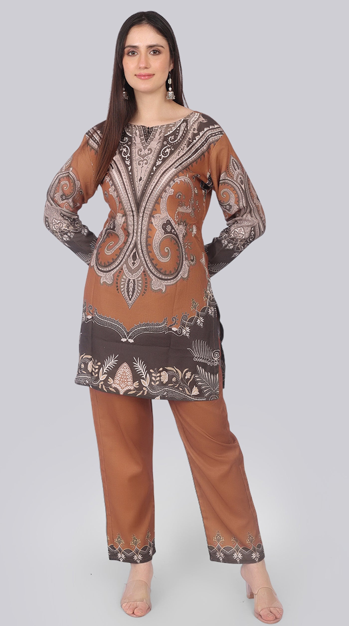 Brown Printed Rayon Suit Set