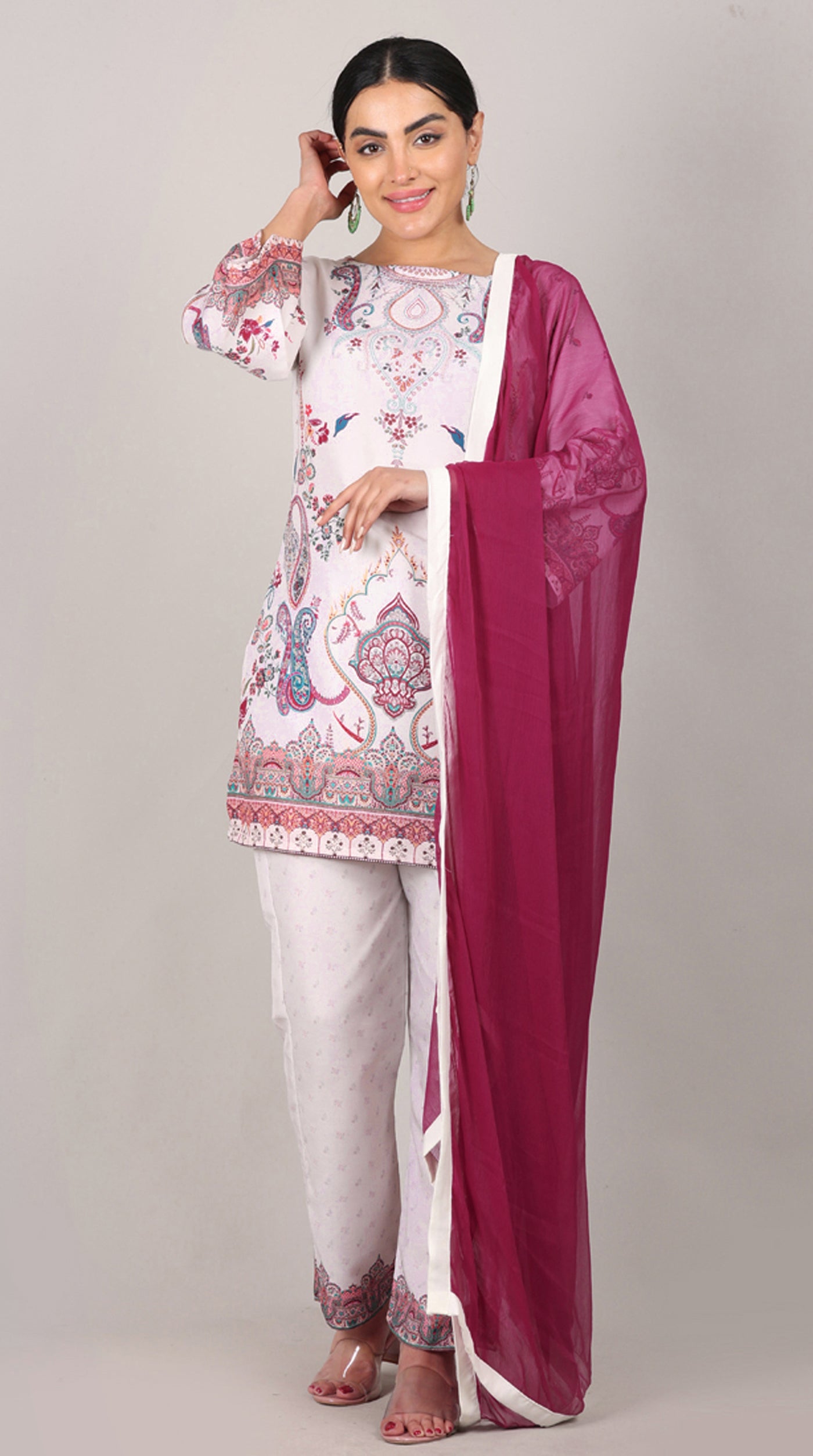 Off White Printed Rayon Suit Set