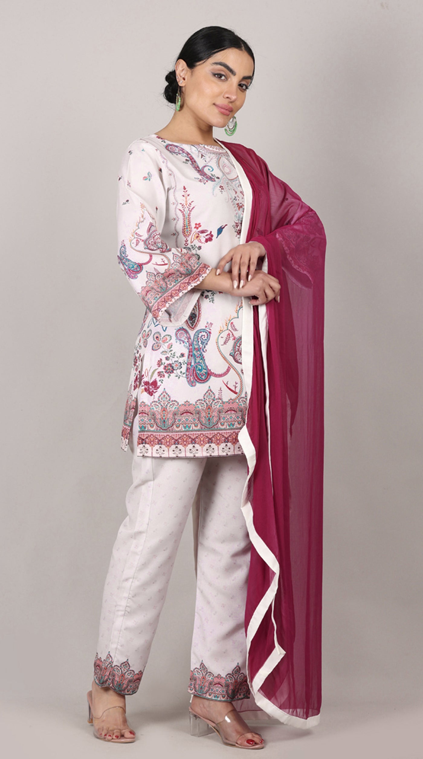 Off White Printed Rayon Suit Set
