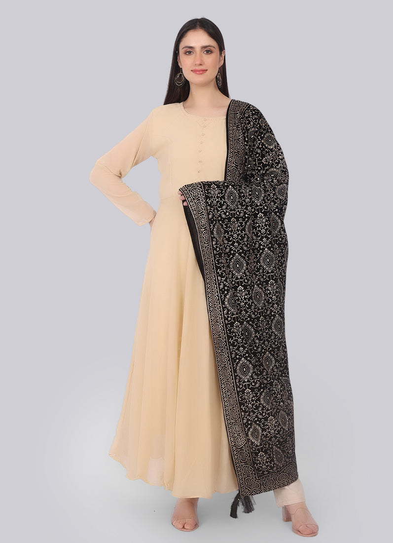 Beige Georgette Bias-Cut Suit Set with Velvet Dupatta
