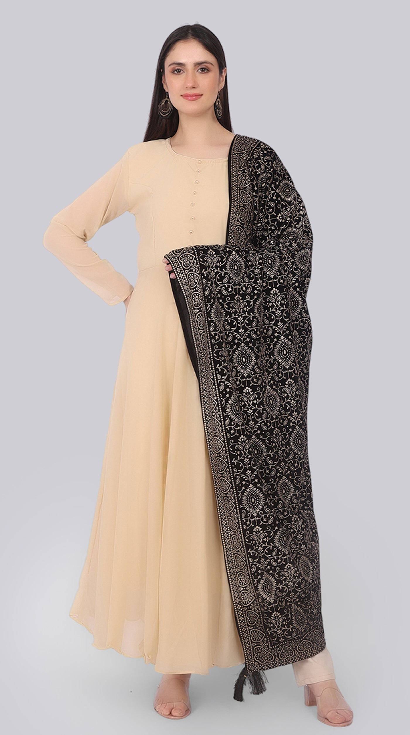 Beige Georgette Bias-Cut Suit Set with Velvet Dupatta