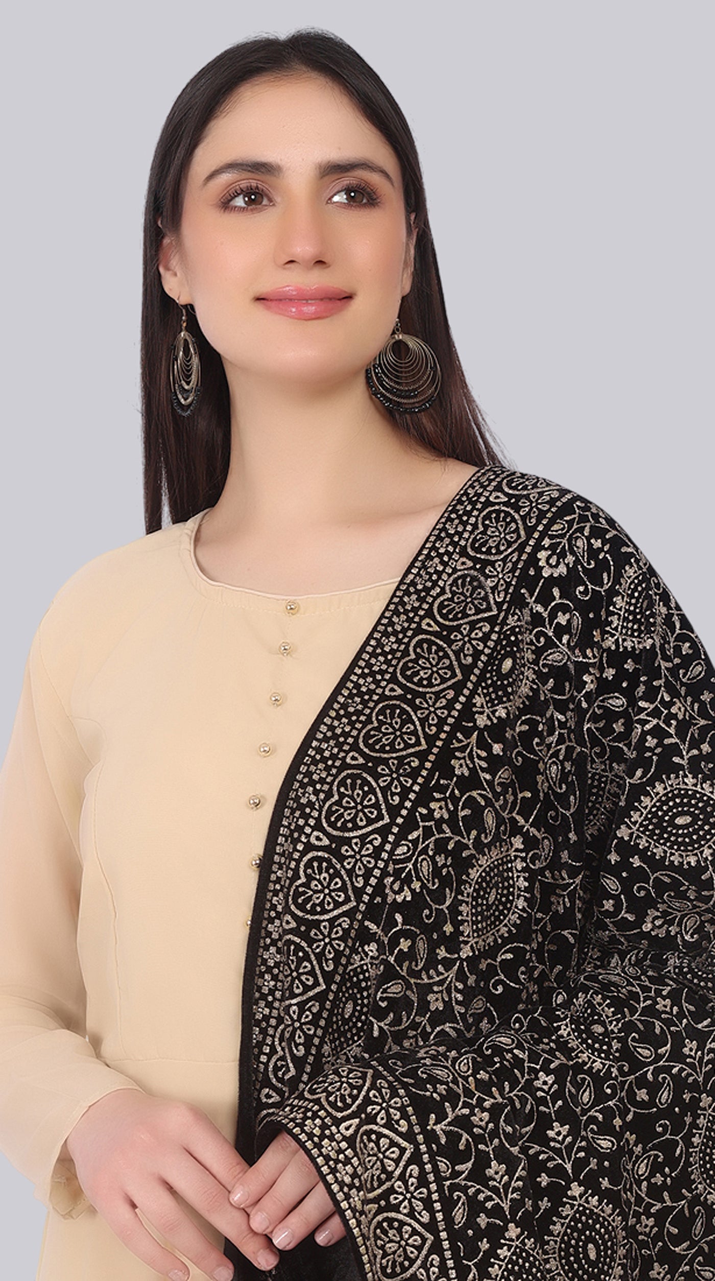 Beige Georgette Bias-Cut Suit Set with Velvet Dupatta