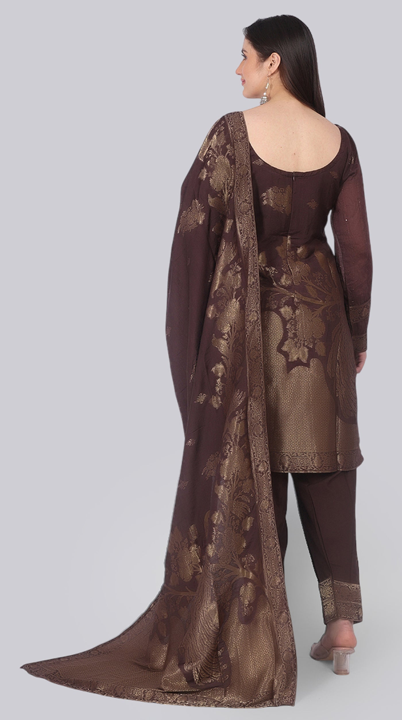 Farshi Shalwar Brown Silk Shift Suit Set with Gold Weave Dupatta