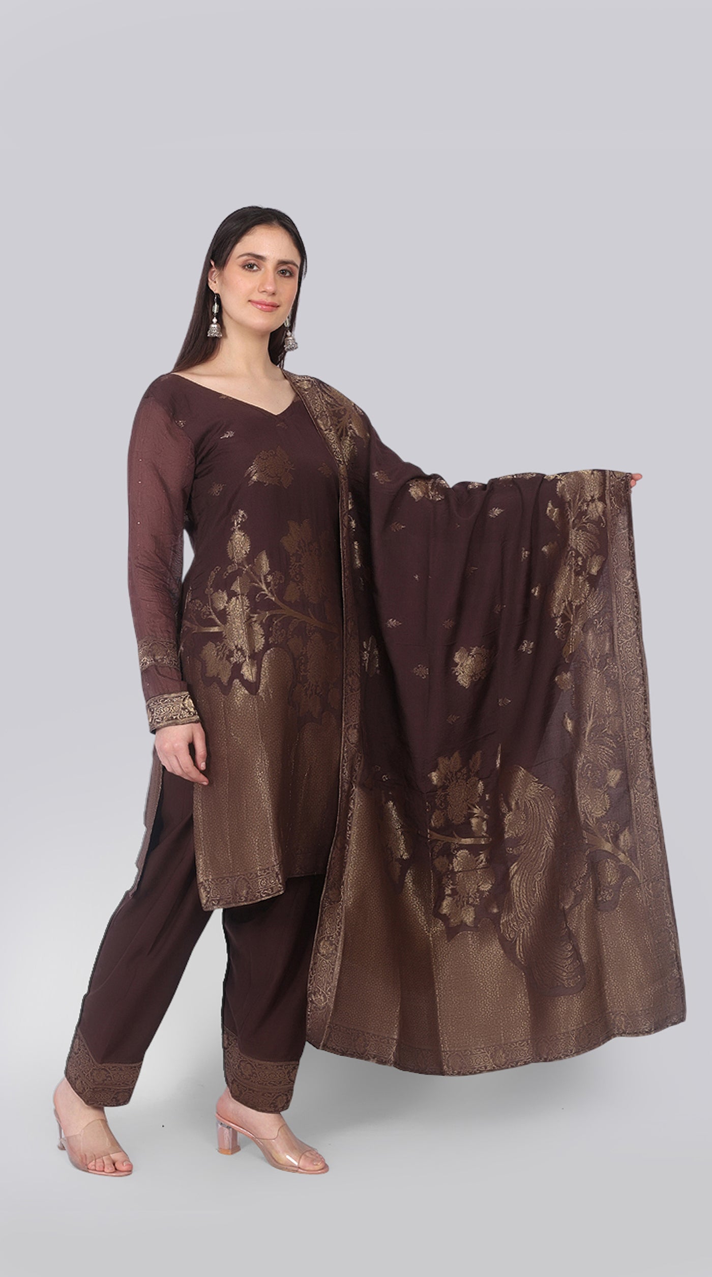 Farshi Shalwar Brown Silk Shift Suit Set with Gold Weave Dupatta