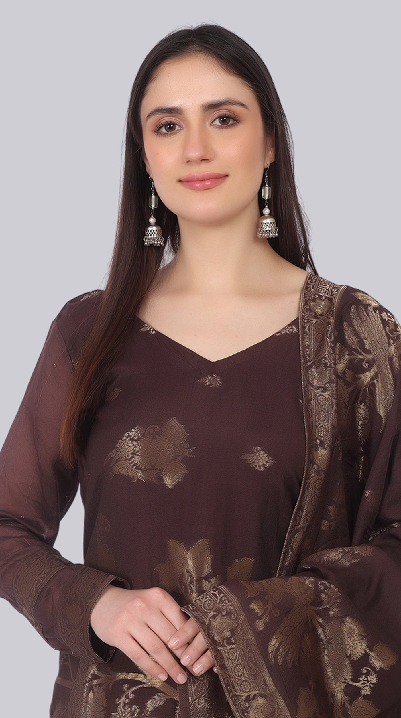 Farshi Shalwar Brown Silk Shift Suit Set with Gold Weave Dupatta