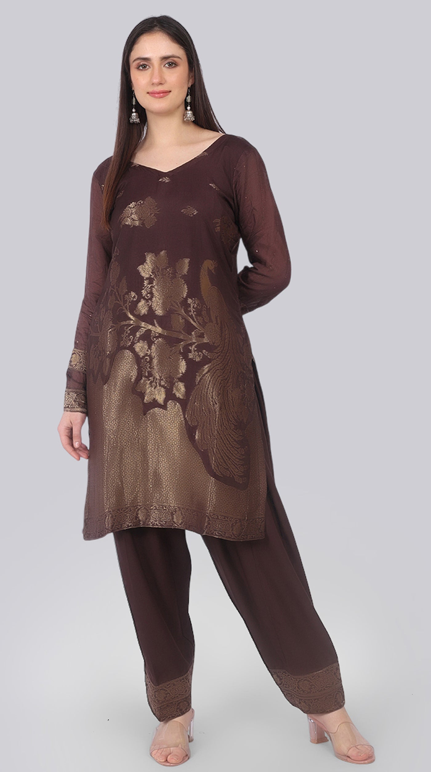 Farshi Shalwar Brown Silk Shift Suit Set with Gold Weave Dupatta
