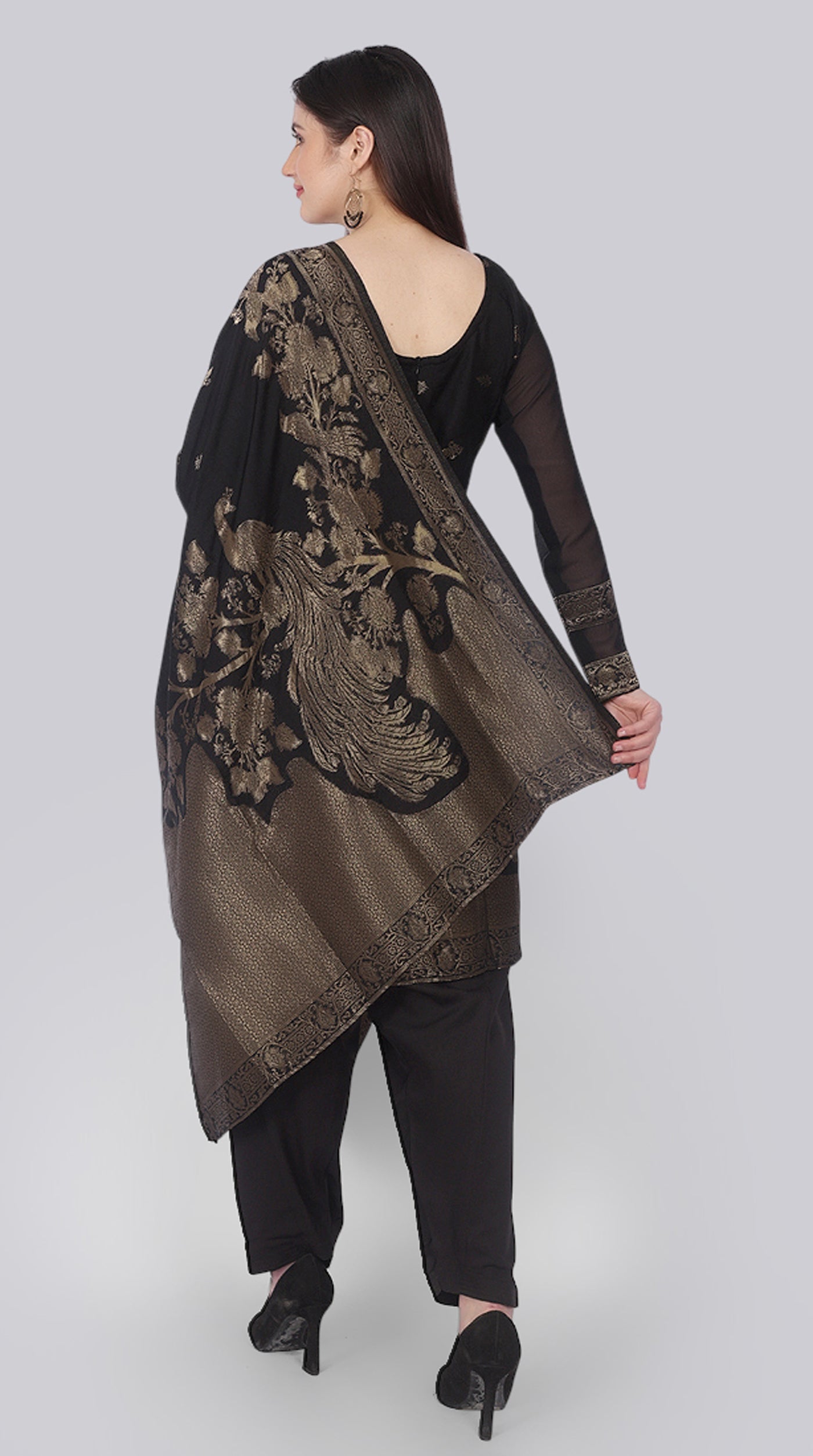 Black Silk Shift Suit Set with Gold Weave Dupatta