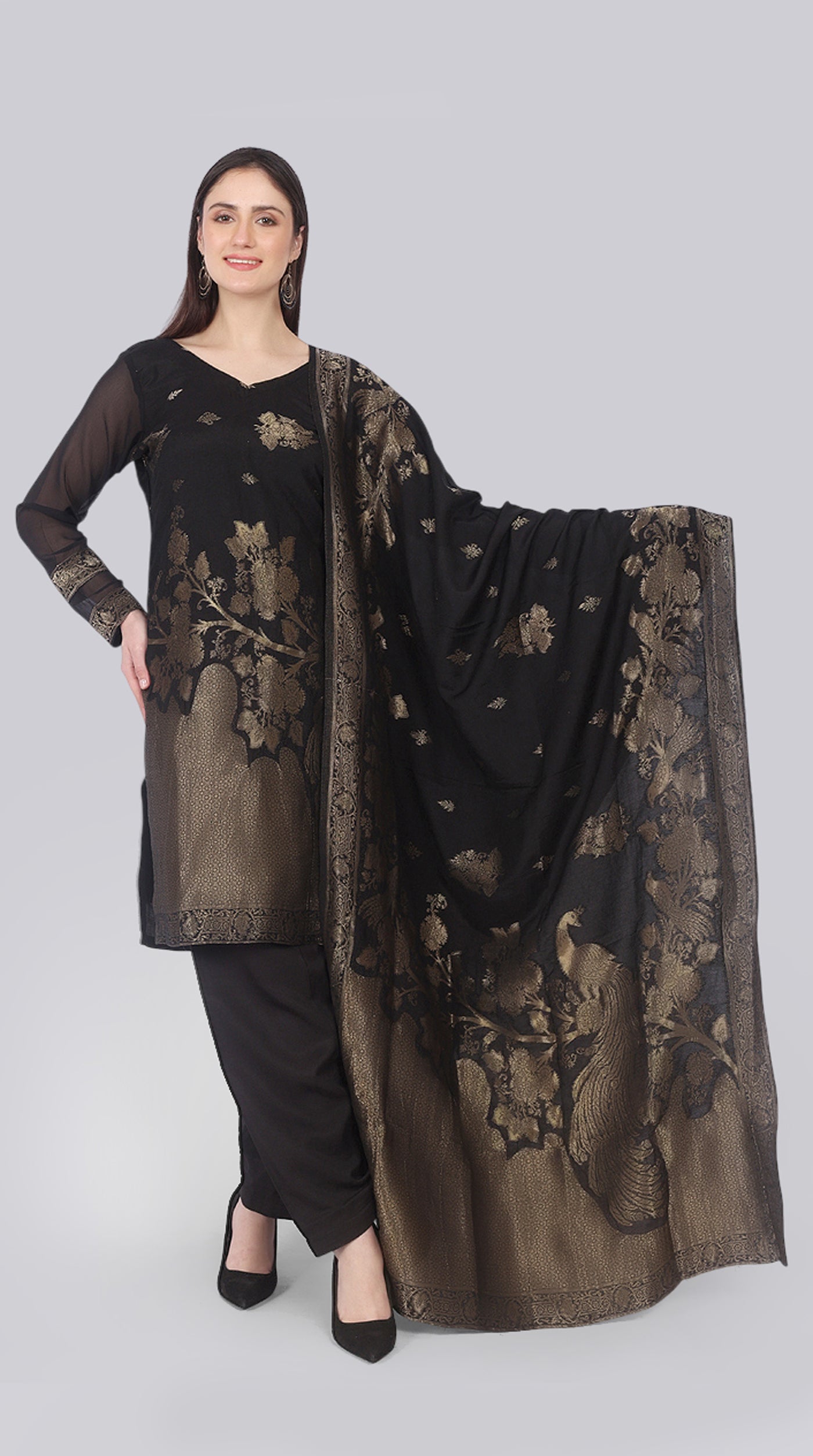 Black Silk Shift Suit Set with Gold Weave Dupatta