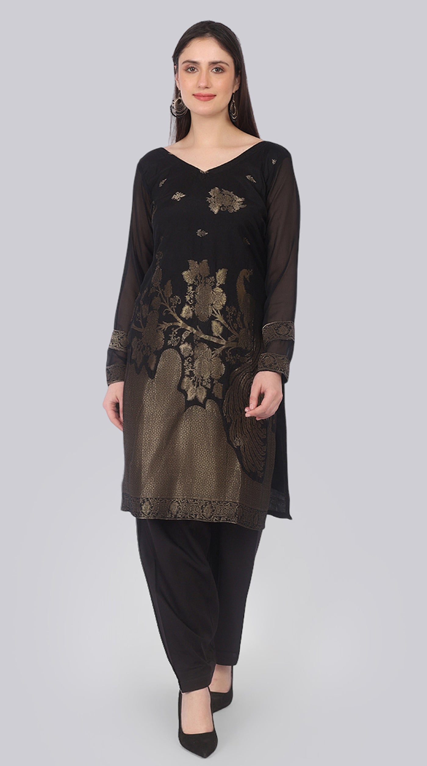 Black Silk Shift Suit Set with Gold Weave Dupatta