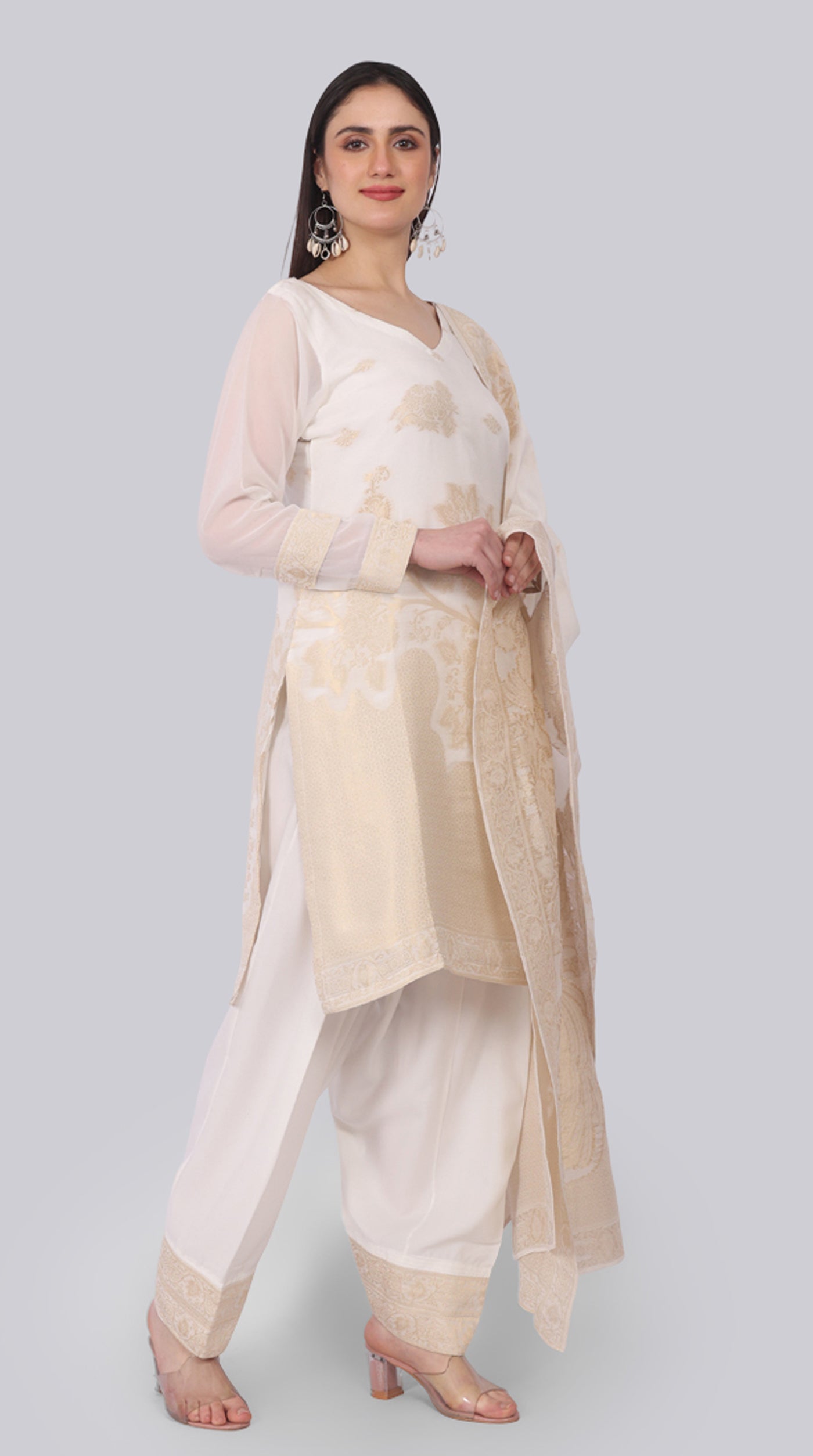 Farshi Shalwar White Silk Shift Suit Set with Gold Weave Dupatta