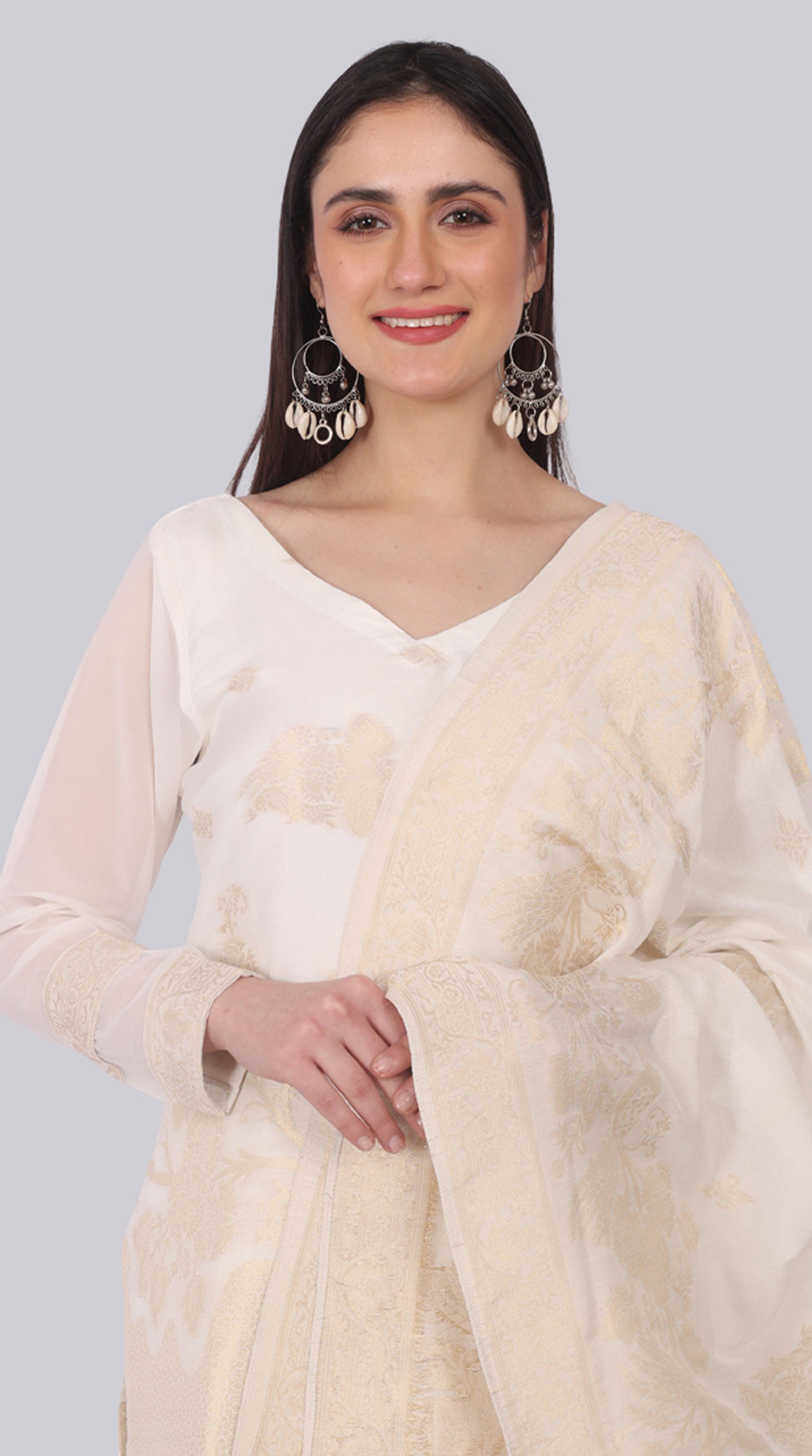 Farshi Shalwar White Silk Shift Suit Set with Gold Weave Dupatta