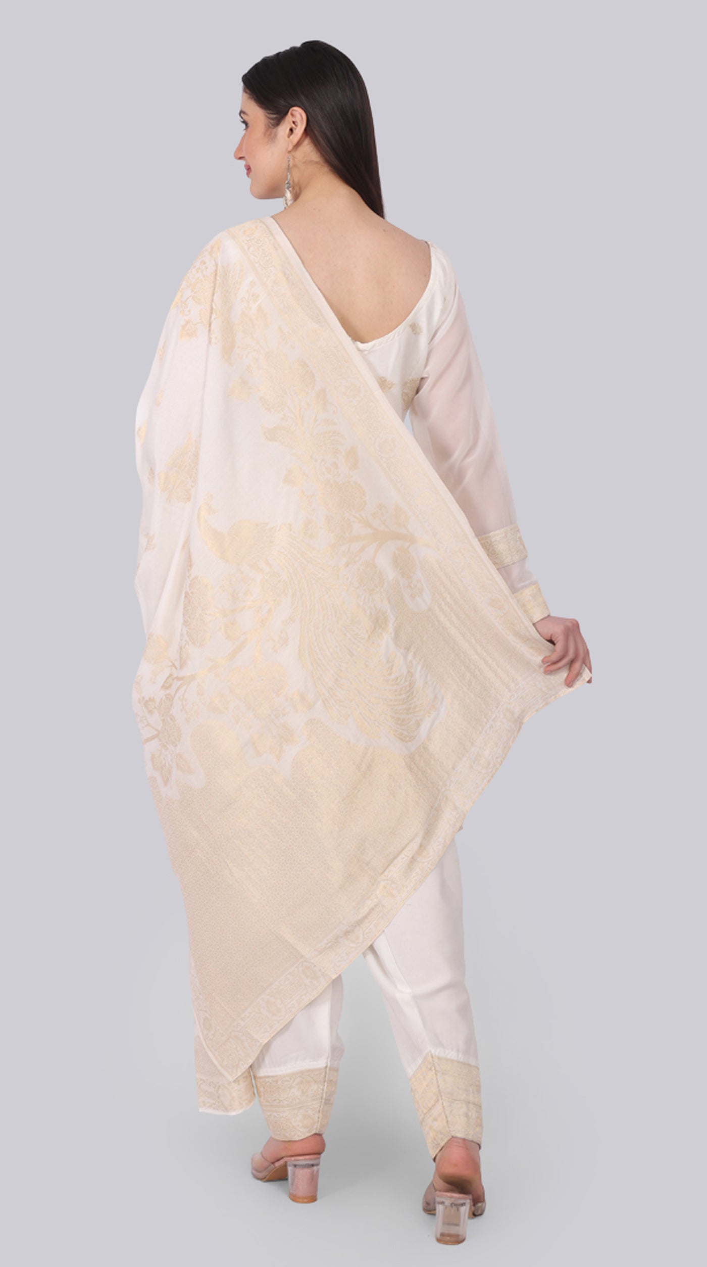 Farshi Shalwar White Silk Shift Suit Set with Gold Weave Dupatta