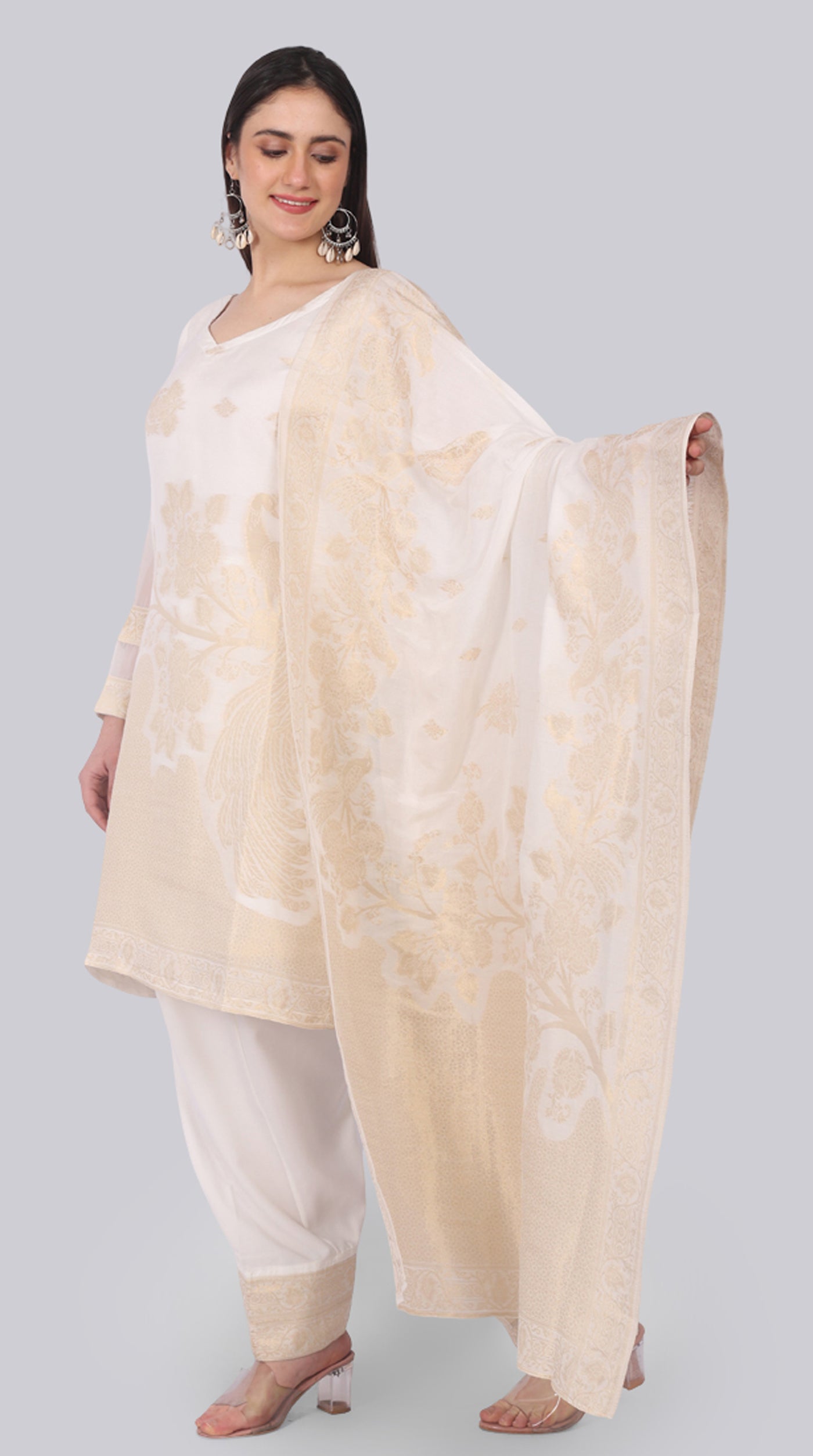 White Silk Shift Suit Set with Gold Weave Dupatta