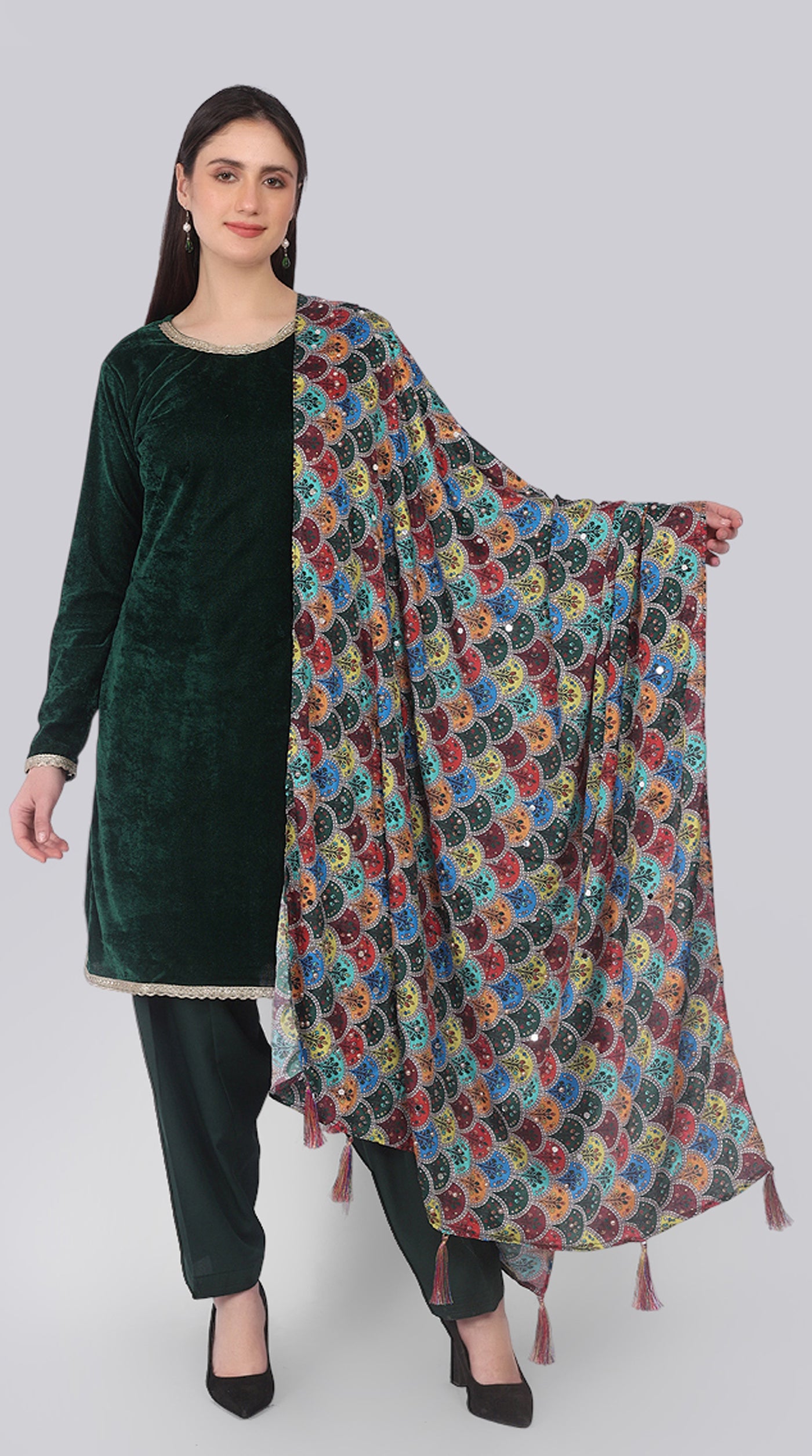 Bottle Green Velvet Shift Suit Set with Dupatta