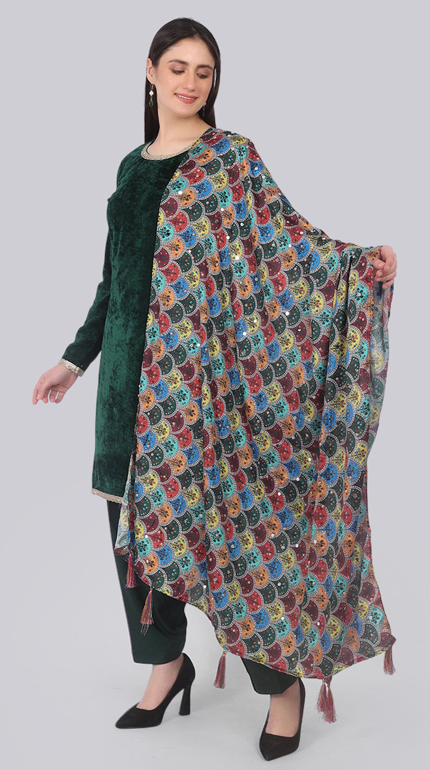 Bottle Green Velvet Shift Suit Set with Dupatta