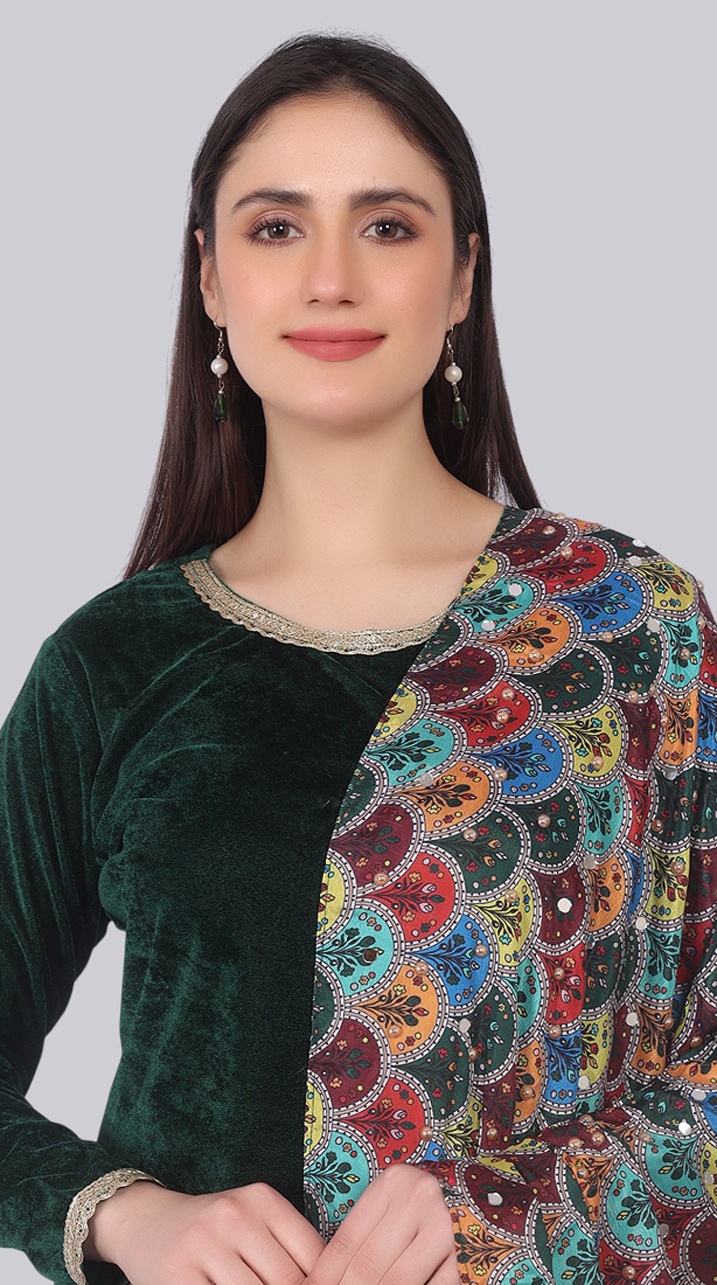 Bottle Green Velvet Shift Suit Set with Dupatta