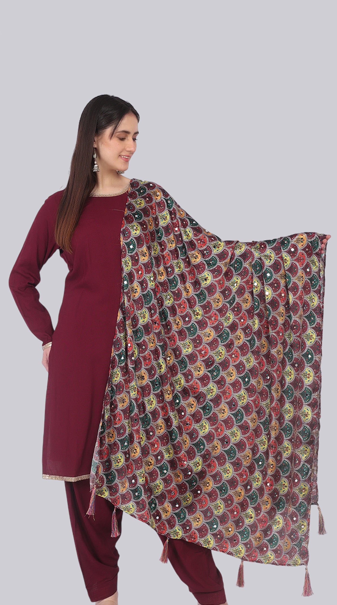 Wine Rayon Shift Suit Set with Multicolour Dupatta