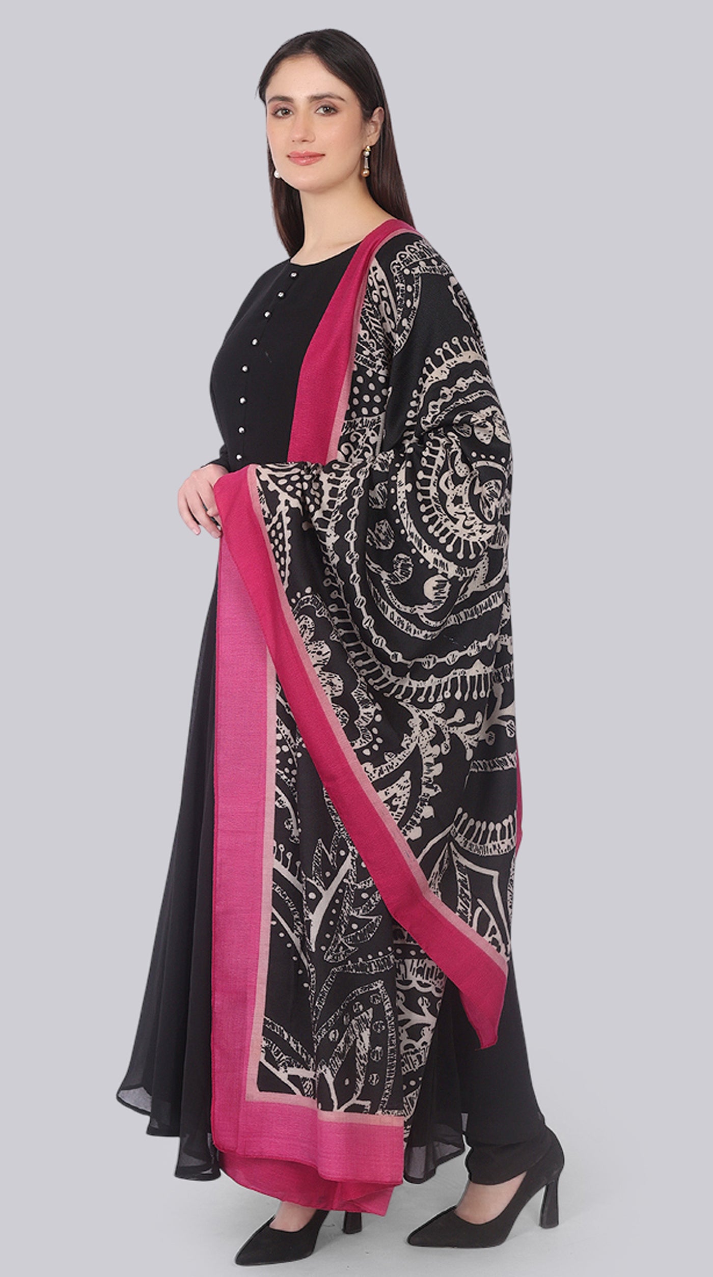 Black Georgette Bias-Cut Suit Set with Botanical Silk Dupatta